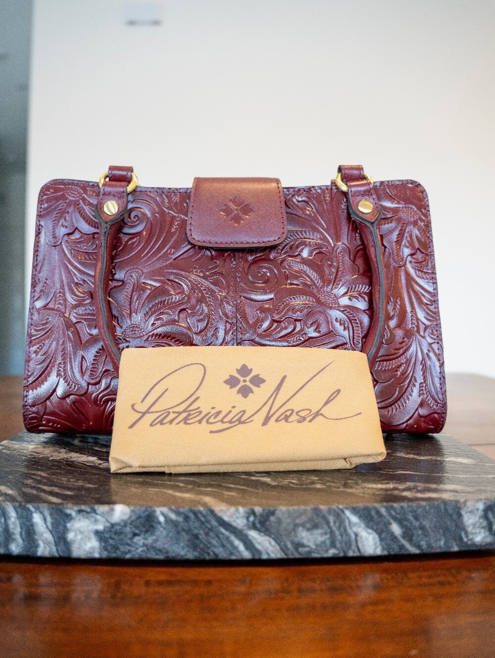 Embossed Floral Leather Satchel Bag